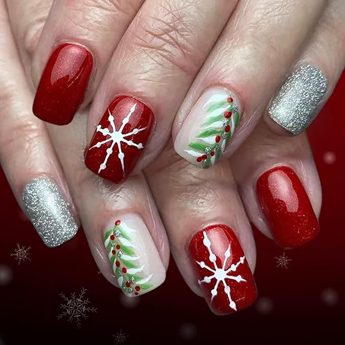 Christmas Press on Nails Medium Square Fake Nails with Snowflake Holly Designs Red Xmas False Nail Winter Silver Glitter Stick on Nail for Women 24 Pcs