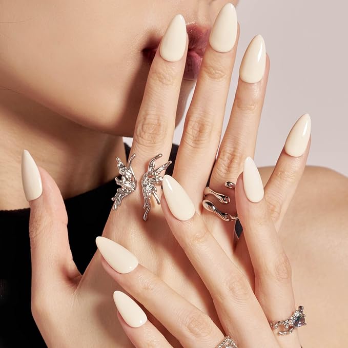 GLAMERMAID White Press on Nails Medium Almond, Handmade Milky Cream White Neutral Jelly Sofy Gel Glue on Nail Stiletto, Glossy Fake Nails Short Oval，Reusable Acrylic Stick on False Nail Kits for Women