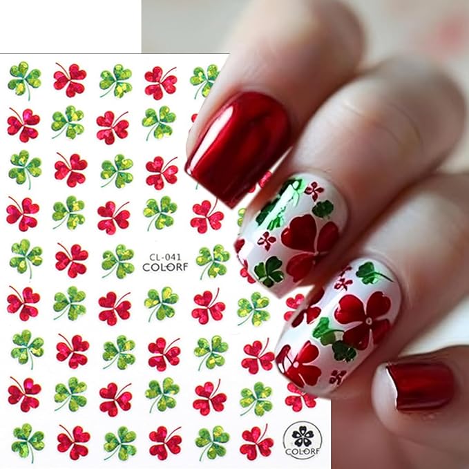 St. Patrick's Day Nail Stickers for Nail Art 3D Spring Shamrock Nail Art Stickers Self Adhesive Holographic Four Leaf Clover Nail Decals Irish St. Patrick's Day Design Stickers Supplies for Women 8Pcs