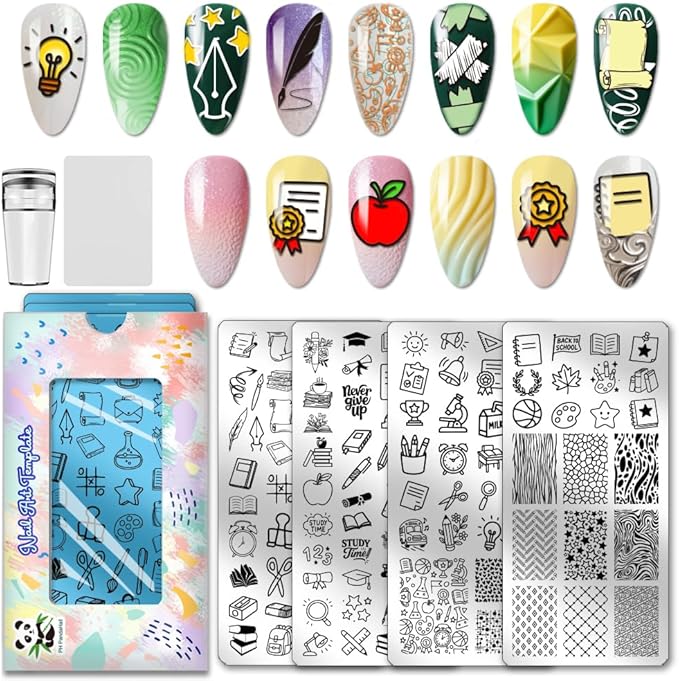 PH PandaHall 4pcs Learning Elements Nail Stamp Plate Books Pens Nail Art Template Stationery Notebook Manicures Stamper Line Texture Nails Image Plate for Back to School Manicure Design Decoration