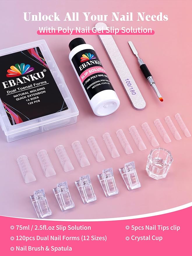 EBANKU Poly Gel Toenail Kit, Reusable Toe Dual Nail Forms with 2.5oz Slip Solution Poly Gel Nail Kit for Toe Nail Tips for Women with Double-end Brush, File, Clips, Liquid Container, 120PCS, 12 Sizes