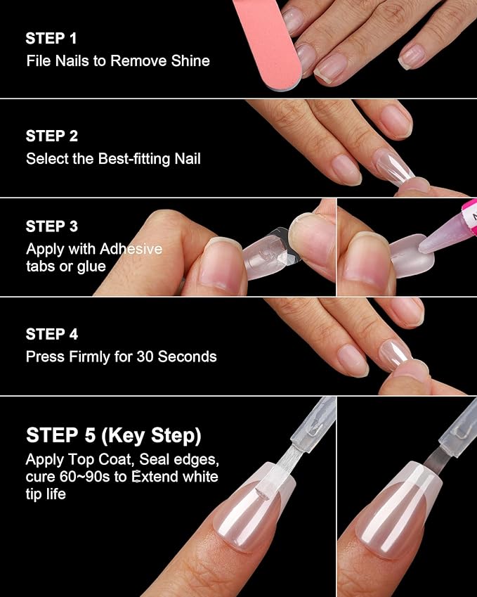 16 Sizes Coffin Press on Nails French Tip Chrome Reusable 32pcs Glossy Gel Fake Nails with Glue and Jelly Stickers (Glazed French)