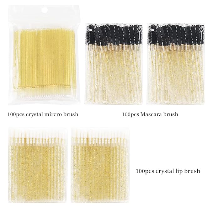 300 PCS Eyelash Extension Supplies Kit Disposable Micro Swab Brush Eyebrow Spoolies Lip Stick Brush Mascara Wand Applicator Makeup Brush Tool(all gold kits)