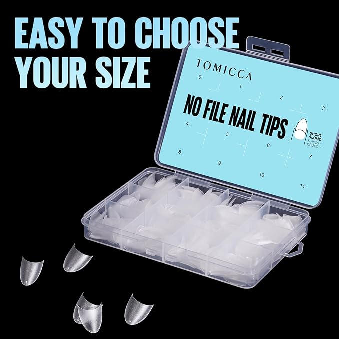 TOMICCA Short Almond Nail Tips, 504Pcs Full Matte Press on Half Cover Acrylic Nails,12 Sizes No C Curve Fake Nail Tips for Nail Extension Art Home DIY Nail Salon