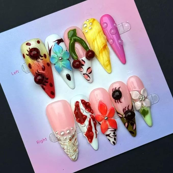 Handmade Press on Nails Long Stiletto Fake Nails 5D Colorful Flower Charms False Nails Summer Seashell Glue on Nails Cherry French tip Handmade Nail for Women Girls Daily Wear Manicure 10pcs Size L
