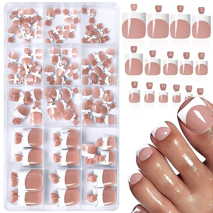 150pc White French Tips Press on Toenails Women Fake Toe Nails with Glue Tab, Brown Toe Nail Press ons Nails Short Square Fake Toenails French Toes Nail Tip Glue Toenail Stick Acrylic Toes Nails Kit