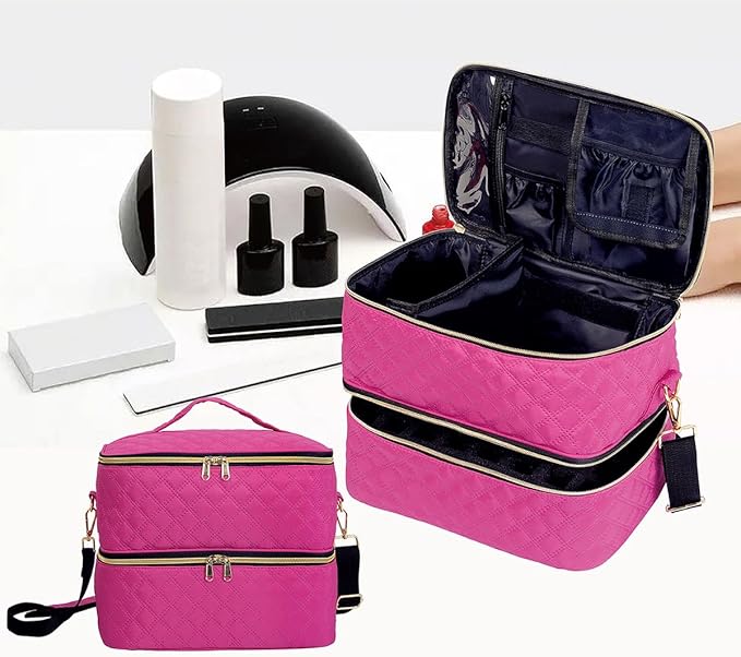 Nail Polish Organizer Case Holds 40 Bottles(15ml/0.5fl.oz) and Nail Lamp, Double Layer Nail Polish Storage with Adjustable Dividers,Portable Carrying Bag for Nail Kit, Manicure Tools Rose Red