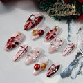Christmas Press on Nails Bow Fake Nails Hand-Painted Nail Xmas Tree Glue on Nails with Pearl Design Handmade Nail Press ons Glitter Full Cover Almond Stick on Nail for Women Shiny Manicure (L)