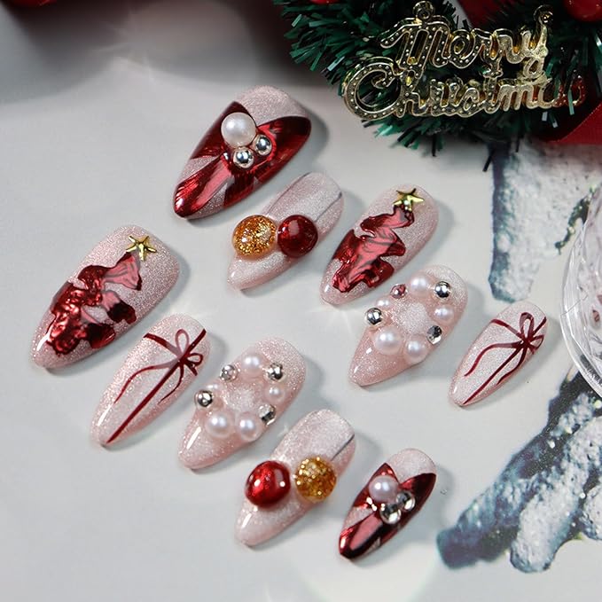 Christmas Press on Nails Bow Fake Nails Hand-Painted Nail Xmas Tree Glue on Nails with Pearl Design Handmade Nail Press ons Glitter Full Cover Almond Stick on Nail for Women Shiny Manicure (L)