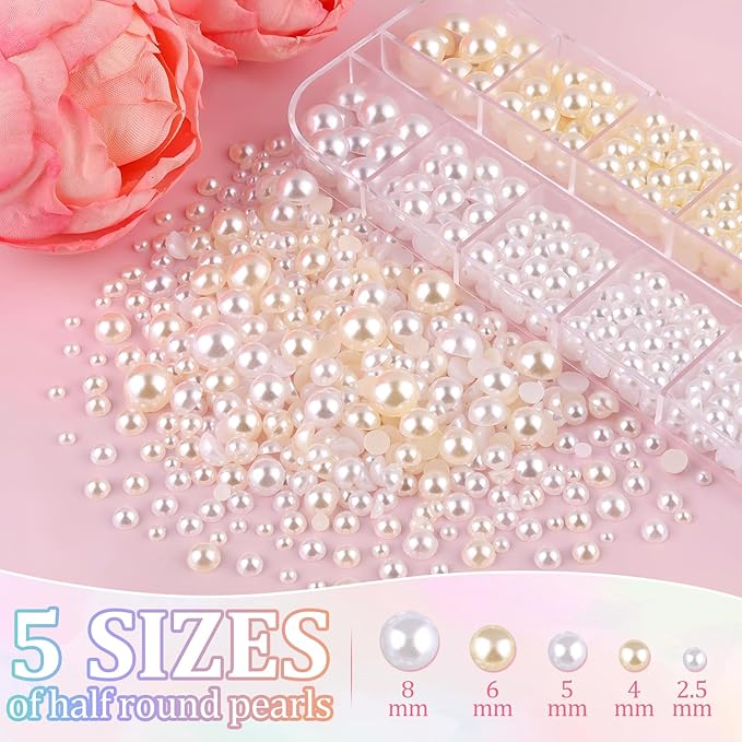 Flatback Pearls for Crafting with 3Pcs 10ml B7000 Jewelry Glue, 1 Box of Half Round Beige and White Pearls, Bedazzling Beads for DIY Crafts Clothing Tumblers Shoes Embellishment Nail Art