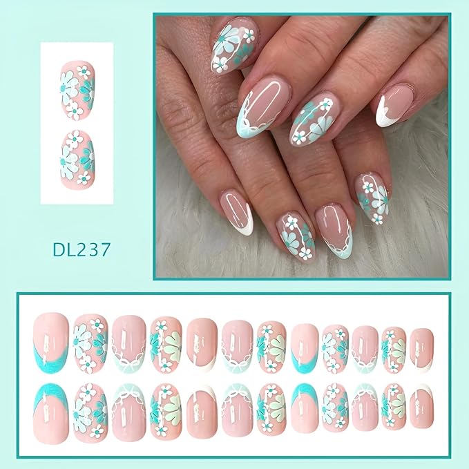 Flower Press on Nails Medium Almond Fake Nails French Tip Nails Press Ons Green Flower False Nails Glossy Full Cover Glue on Nail Summer Spring Stick on Nail for Women Decorations 24Pcs