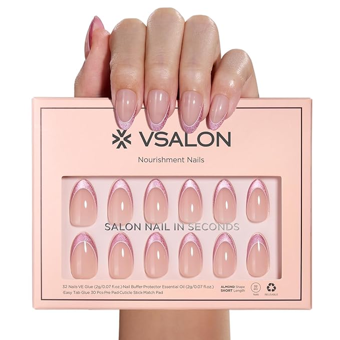 VSALON Press On Nails Short Almond, Hot Pink French Tip Glitter Nails, Salon Quality Opaque Soft Gel Fake Nails Kit - 32 PCS Stick on Nails in 16 Sizes with Glue & Cuticle Oil