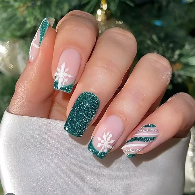 Christmas Press on Nails Medium Square Fake Nails with Bow Snowflake Designs Green French Tip Xmas False Nail Winter Acrylic Stick on Nail for Women 24 Pcs