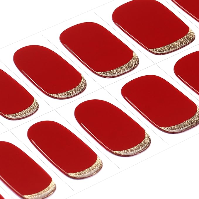 DANNI & TONI Semi Cured Gel Nail Strips Scarlet Red Gel Nail Wraps Gold Reverse French 28 Stickers |Gilded Velvet