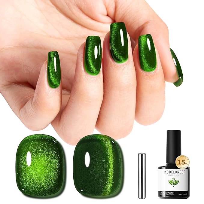 modelones Cat Eye Gel Nail Polish Green Gel Polish Jelly Glass with Magnet Holographic Glitter Shimmer Translucent Sheer Color Magnetic valentine Nail Polish Top Coat Salon DIY at Home 15 ML