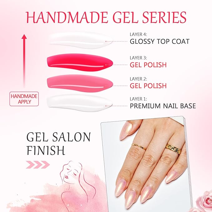 GLAMERMAID Press on Nails Medium Almond, Handmade Glossy Gel Nude Pink Golden Glitter Galaxy Fake Nails Shinny Stiletto, Short Oval Pearl Shimmer Acrylic False Nail Kits Stick Glue on Nails for Women