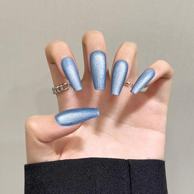 Blue Cat Eyes Press On Nails,12 Sizes-24 Pcs Soft Gel Medium Coffin Fake Nails Kit with Nail Glue, Natural Reusable Stick On False Nails for Women and Girls (Skycloud Blue Nails) SK0981