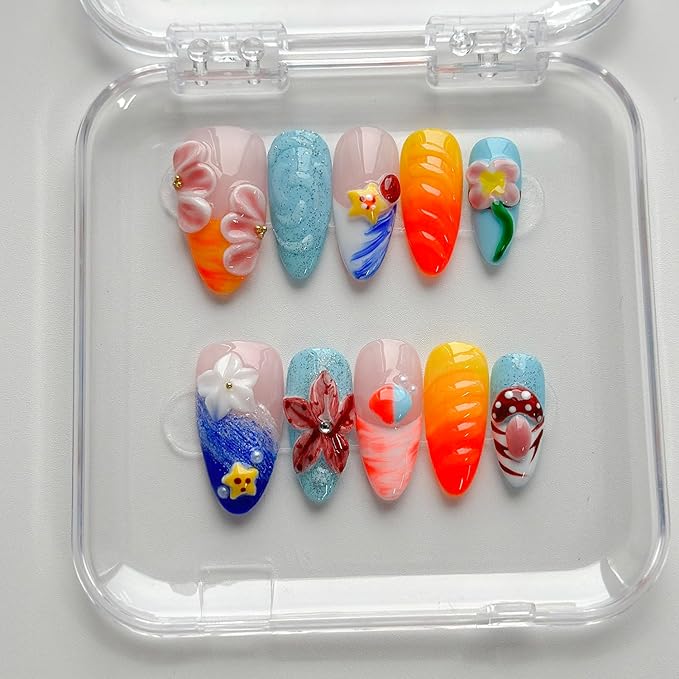 Luxury Press on Nails Medium Almond Handmade 3D Unique Reusable ABS Material Fake Nails French Tip False Nails with Designs Mushroom Floral Summer Glossy Glue on Nail Thick Acrylic Nail(S)