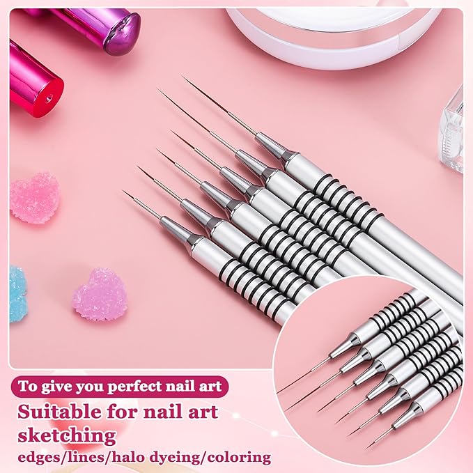 6Pcs Nail Art Liner Brushes Set, Fine Drawing Painting Details Design Striping Brush With Gel Polish Acrylic Handle Gifts Manicure Tools DIY Sizes 5/7/9/11/15/25mm, Silver