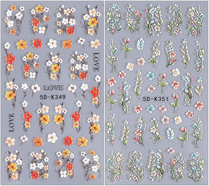 2 Sheets Spring Flower Nail Stickers Summer Embossed Flowers Nail Art Stickers Colorful Floral Leaf Nail Decals 5D Self-Adhesive Leaves Nails Supplies for Women Girls DIY Nail Accessories