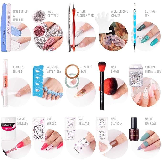 Gellen Gel Nail Polish Kit with U V LED Light 72W Nail Dryer, 12 Trendy Colors Nail Gel Polish, No Wipe Top Base Coat, Nail Art Decorations, Manicure Tools, All-In-One Manicure Kit, Bright and Pastels