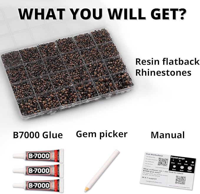 33000Pcs Brown Rhinestones for Bedazzling, Bedazzler Kit with Flatback Craft Rhinestones Brown Bulk and B7000 Glue, 2,3,4,5,6mm Resin Flat Back Crystals for Craftings, Crafts, Clothes, Shoes, Nails