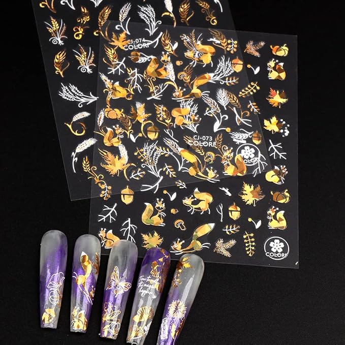Autumn Leaves Nail Decals,Bronzing Fall Nail Stickers White Laser Gold Maple Leaf Nail Art Stickers,3D Self-Adhesive Stickers for Nails Decorations Accessories Women DIY Nail Supplies,9 Sheets/Set