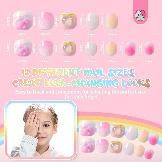 SAVILAND 3D Press on Nails for Kids: 7 Pack Kids Press on Nails for 5-9 Years Pre Glue Full Cover Short Kid Fake Nails Stick On Children Artificial False Nail Tips Fingernails Christmas Gifts for Kid