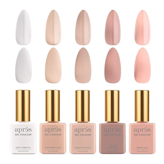 APRÉS Gel Couleur Combo Set, 5 Color Gel Nail Polish, HEMA-Free & TPO-Free, Bright Nude Pastel Colors with Brush-X Nail Art Brush (My Nails But Better)