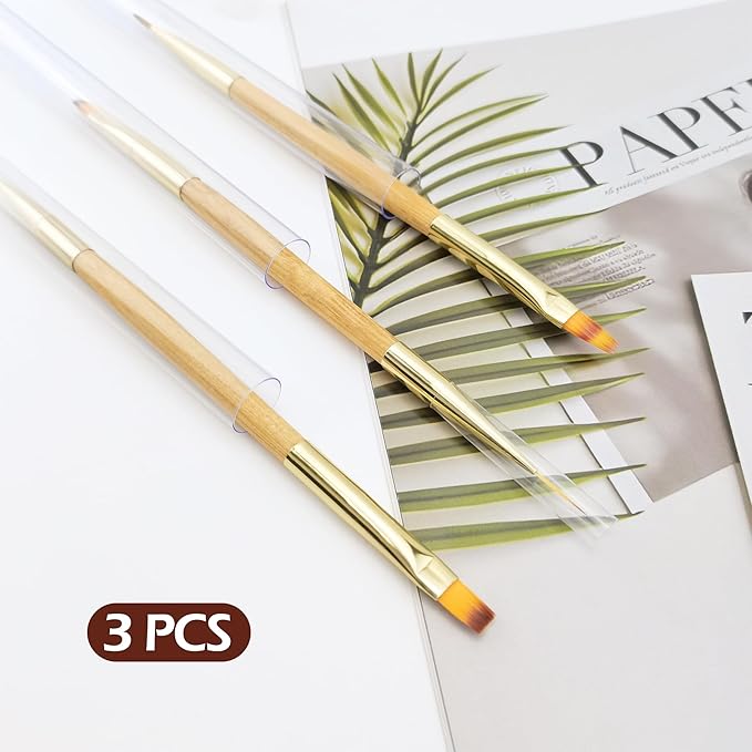 BlingKingdom 3 PCS Nail Brushes Set, Bamboo Double Ended Nail Art Brushes Professional Manicure Tools for Home DIY Salon Use