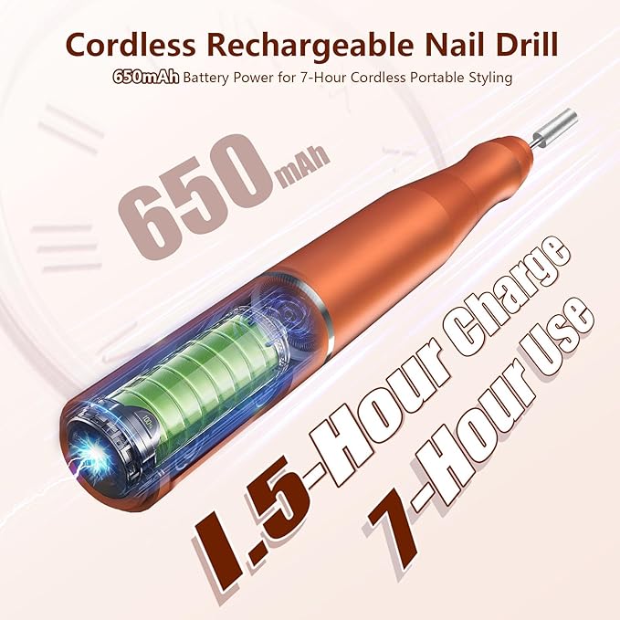 Cordless Nail Drill Electric Rechargeable File Kit, Professional Efile Acrylic Gel Nail Polish Remover Pedicure Manicure Machine Portable Set with 11 Bits 56 Sanding Bands (Orange)