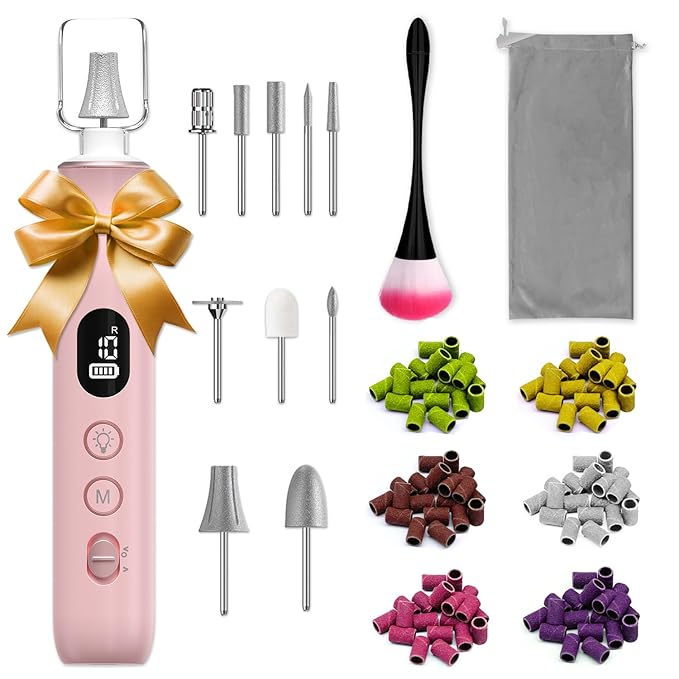 Electric Nail File, 10 Speeds Cordless Nail Drill with LED Light, Portable Manicure Pedicure Kit for Acrylic Gel Nails Thick Toenails Nail Grind, Hand Natural Nails Care - 10 Bits & 120 Sanding Bands