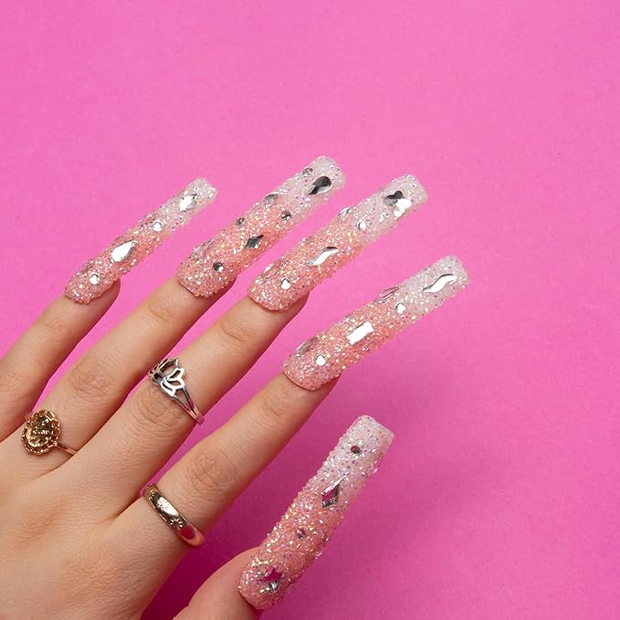 LOVFUL Press on Nails Berry Shake | Handmade with Full Covered Crystals | Reusable Fake Nails | Square | H56-S, pink