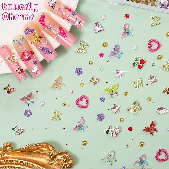 10000pcs Nail Charms and Gems:Pink Cute Bow Heart 3D Flower Charms for Junk Cases kit;Gold Chunky Butterfly Charms for Nails Design,nail jewels Diamond Rhinestones for Nails;Beads Pearls for Nails Art