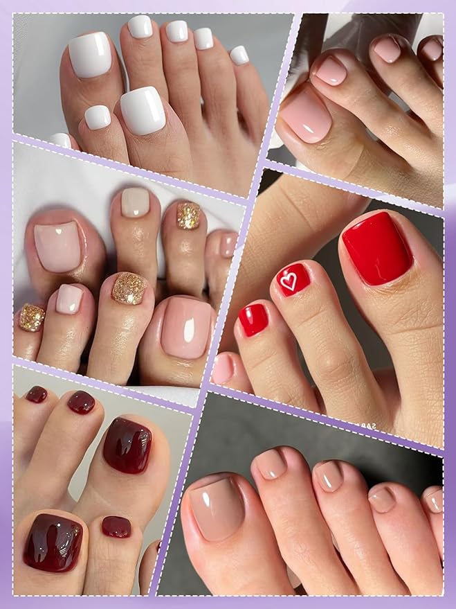EBANKU 216 Pcs Press On Toenails Short, French Toe Nail Tips Square False Toenails 18 Sizes Press On Nails Gold Pink Brown Full Cover Nail Tips with Nail Glue for Nails DIY Salon Home