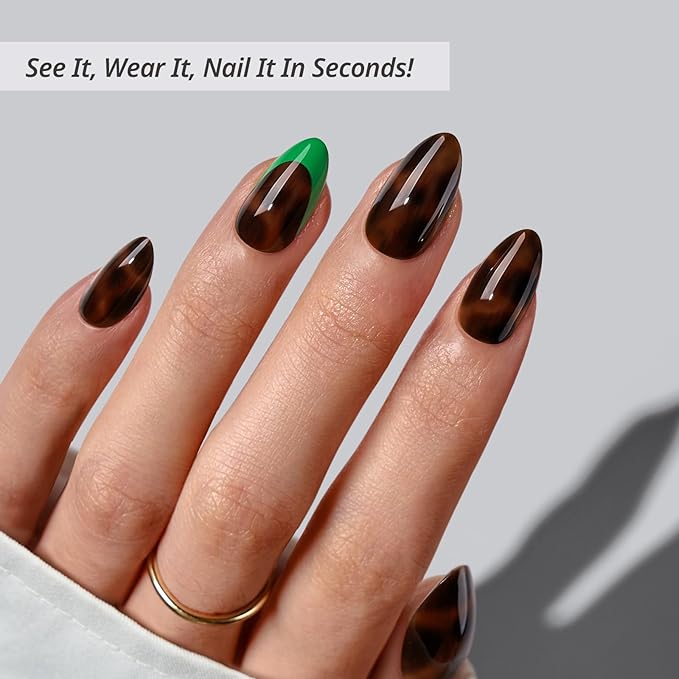 BTArtbox Press On Nails Short - Emerald Code, Tortoiseshell Almond Press On Nails with Glue and Adhesive Tabs for Women, Soft Gel Glue On Nails in 16 Sizes - 32 Stick On Nails Kit