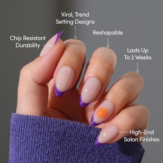 Glamnetic x Fanatics Press On Nails - Clemson Tigers | Short Almond Fake Nails, Collegiate Tiger Purple French Tips, College Nails, Salon-Quality | 15 Sizes - 30 Nail Kit with Glue
