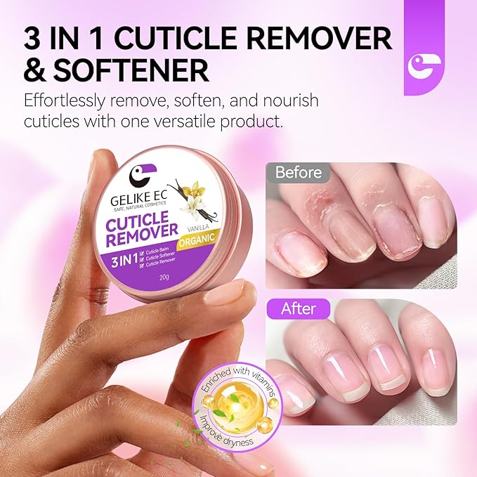 Gelike EC Cuticle Remover Cream Softener - Vanilla Scented Nail Care for Beginners - Easy-to-Use Cuticle Eraser - Gently Softens Rough Skin Around Nails