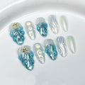 Handmade Press on Nails Medium Almond Fake Nails with Glue,Luxury 3D Lines Shell Art Shiny Gradient Blue Press ons Muti-Layer Gel Handmade False Nails for Women (Size S)