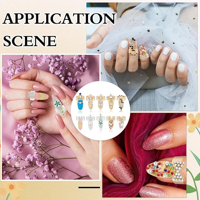 10Pcs Fingernail Rings with Acrylic Rhinestone 10 Styles Alloy Nail Cover Ring Multi-Style Opening Crown Bowknot Fingertip Nail Rings Halloween Christmas Loop Bow Tip Decoration