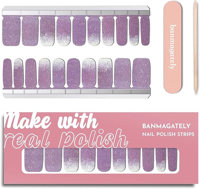 Nail Polish Strips, 20Pcs Salon Quality Gel Nail Stickers, Easy Long Lasting Wraps for Short Nails no UV Light Needed (Glitter Mauve)