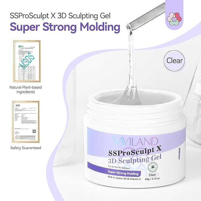 SAVILAND Sculpting Gel for Nail Art: 60 g Super Strong Solid Gel Builder 3D Gel Nail Art Clear Solid Sculpting Gels Non Sticky to Hands Extension Salon SSproSculpt X
