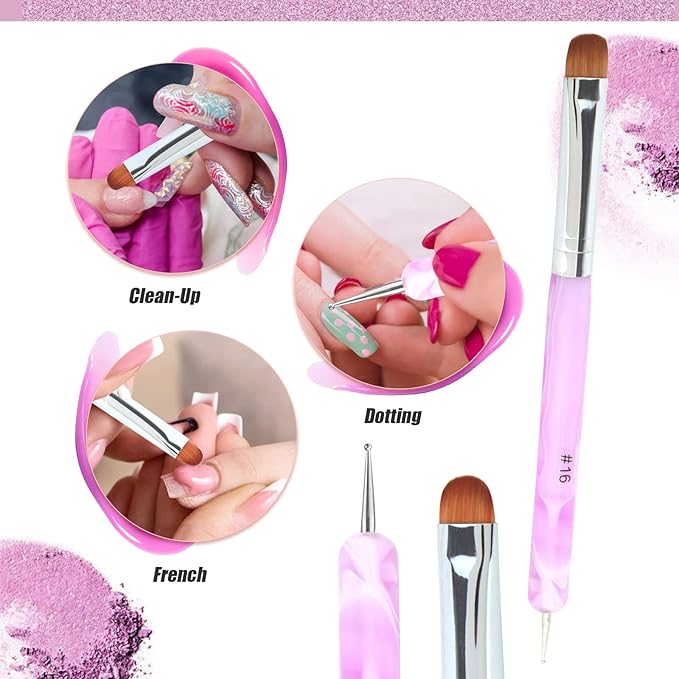 French Manicure Brush - Two Way Nail Art Brush with Dotting Tool for Cuticle Clean Up & Nail Art Design - Professional Salon Quality, Dotting Pen (16#, Purple)