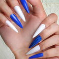 24pcs Royal Blue Glitter Shining Long Almond Press On Nails, Reusable Nail Kit with Nail Adhesive Tabs Mini Nail File, 12 Sizes (Blue Glitter)