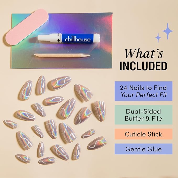 Chillhouse - Chill Tips, Press on Nails Kit - Chill at the Disco (Almond) - 30 Nail Shapes & Sizes - Up to 2 Weeks Wear - Customizable Fit - Reusable - Latina Founded, Women Owned, Beauty, Self Care