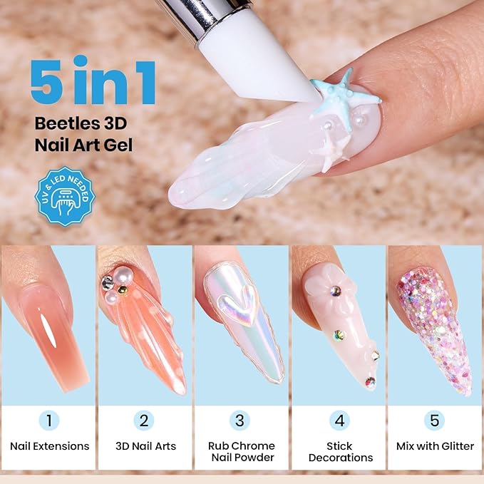 Beetles 3D Gel Nail Art with 3D Mold-2 Pcs Sandy Glow Clear and White Solid Builder Gels for Nails Non-Sticky Sculpting with Dual-Ended Sculpture Pen, Beginner Friendly DIY at Home,UV LED Lamp Needed