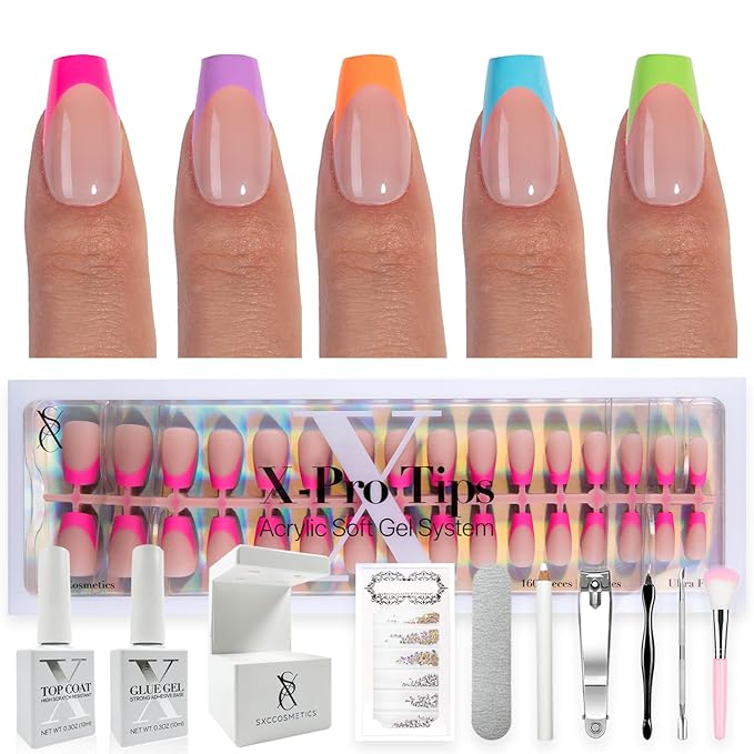SXC Cosmetics X-Pro Tips French Tip Press On Nails - Bright Pastel Glow in the Dark Series (GLOW119KIT-S Coffin)