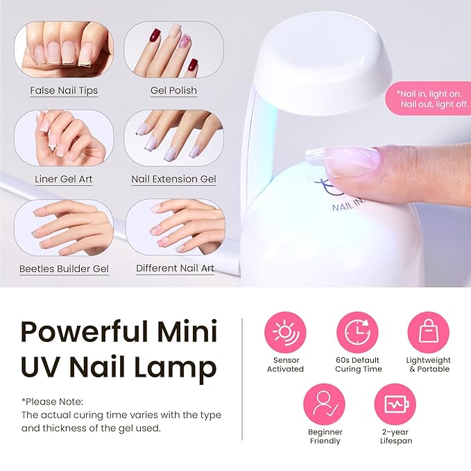 Beetles Tipex Gel Nail Kit Extra Short Square: 16 Sizes Instant Apex Nail Tips, 224 Pcs Pre-Building False Nail Tips with Tipex Nail Glue, Mini Nail Lamp-Thick Acrylic Nail Set