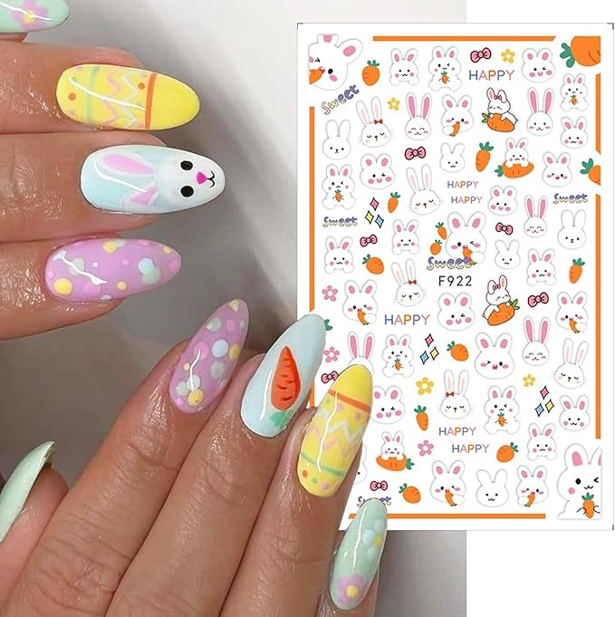8 Sheets Easter Nail Decals for Nail Art Cartoon Rabbit Nail Art Stickers 3D Self-Adhesive Heart Flower Carrot Bunny Nail Decals Cute Easter Nail Supplies for Women Acrylic Nails Decorations