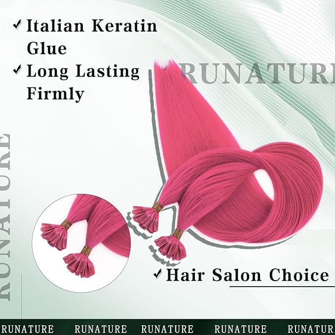 RUNATURE U Tip Hair Extensions Human Hair 16 Inch Hot Pink Hair Extensions for Highlight Party Colorful Real Human Hair U Tip Extensions Hot Fusion Softness 20g 25s
